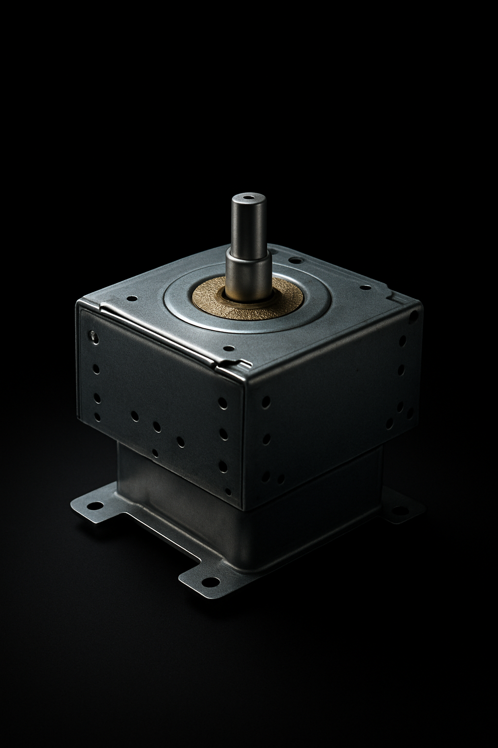 Close-up magnetron on black background with dramatic lighting, microwave heating component repair service, Okhchu Appliance Repair Charlotte NC.