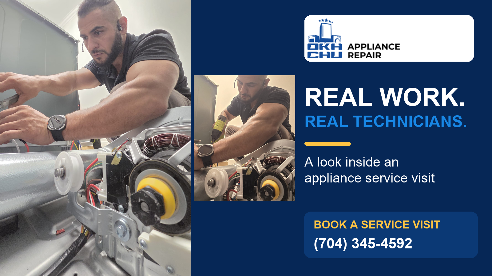 OKHCHU technician inspecting appliance components during a diagnostic visit