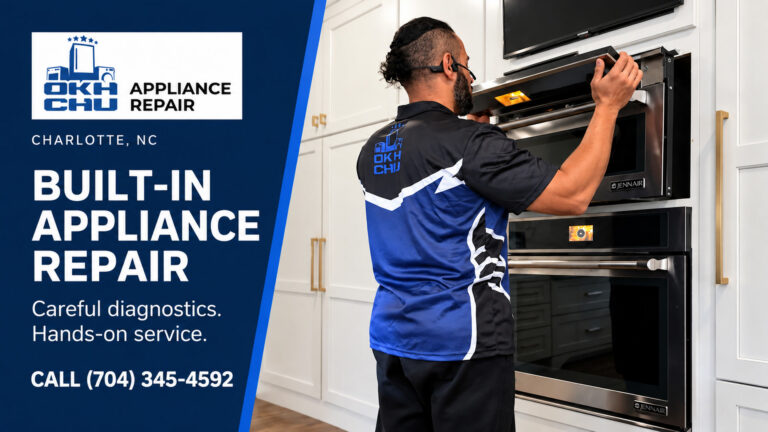 OKHCHU technician servicing a built-in kitchen appliance, with Charlotte appliance repair contact information.