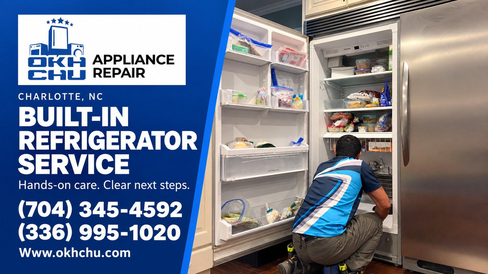 OKHCHU technician working inside an open built-in refrigerator, beside a blue service panel with contact details.