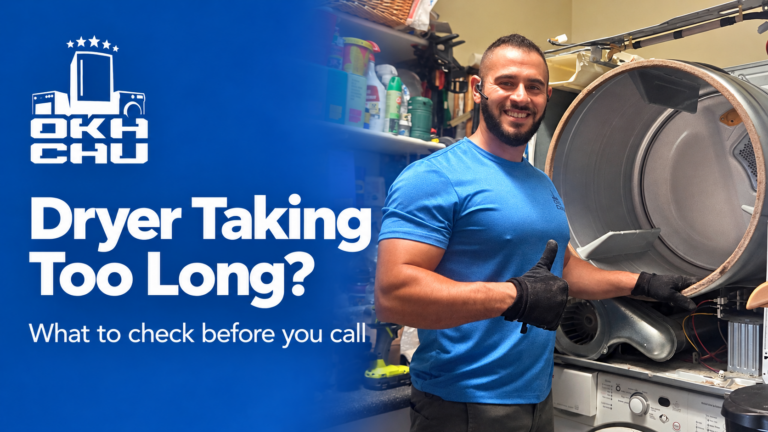 OKHCHU technician beside an open dryer drum, illustrating dryer repair service.